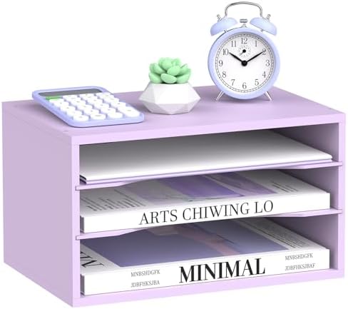 3 Tier Wood Desk Organizer, Paper Organizer for Desk, Purple