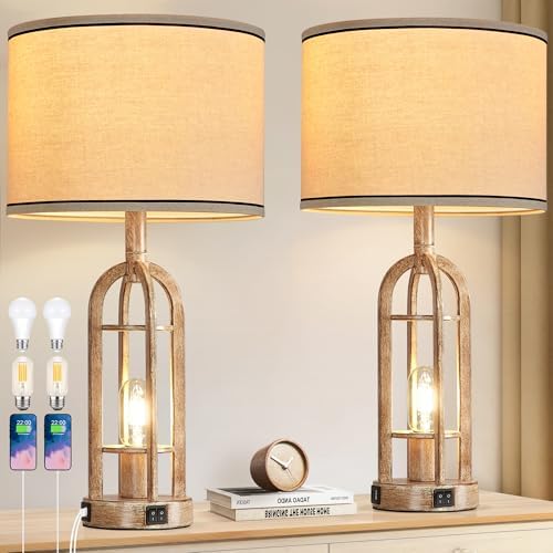 SRJJA 24" Farmhouse Table Lamps for Living Room Bedroom Set of 2, USB A+C