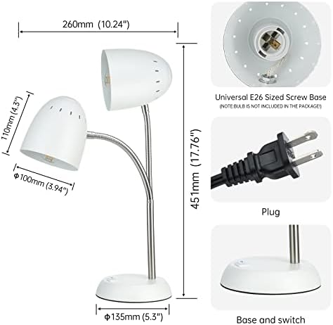 Eye-Caring Table Lamp of Simple Designs Home E26 Led Screw Basic Metal Desk Lamp with Flexible Gooseneck Hose Neck Study Lamp for Bedroom Office Living Room Convenient On/Off Switch(White)