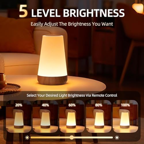 Night Light, Dimmable Touch Lamp and Remote Control, 13 RGB Colors & 5 Brightness, Rechargeable Bedside Table Lamp for Baby Kids Nursery Bedroom Bathroom Camping (Wood Grain)