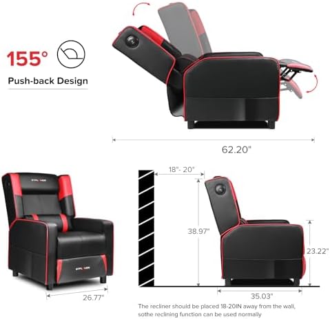 GTPLAYER Gaming Recliner Chair with Bluetooth Speakers Racing Style Single Gaming Sofa Modern Living Room Recliners Ergonomic Comfortable Massage Home Theater Seating, Red