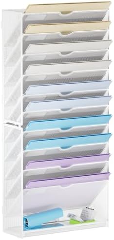 Marbrasse Wall File Holder 11-Tier Hanging Wall File Organizer, for Papers, Files Clipboard & Magazine Organizer, Wall Mount File Holder Great for Office Home (White)
