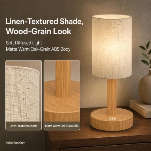 Small Rechargeable Cordless Table Lamp, Nightstand to Desk, Warm Oak