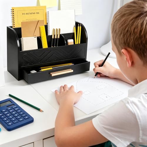 Charmewooden Black Desktop Organizer with Drawer Storage, White Desk Organizer Mail Holder Mail Organizer Countertop Pen Holder Letter Sorter Make up Organizer for School Home Office Supplies