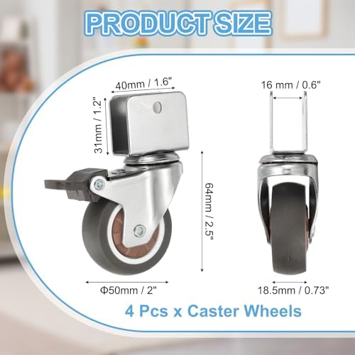 PATIKIL 2 Inch Caster Wheels, 4 Pcs Swivel Casters with Break 0.6" U Bracket Opening 55 Lb Capacity Per Caster for Furniture Office Chairs Carts and Cabinets, Brown