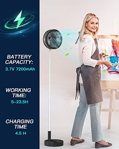 AICase Stand Fan,Folding Portable Telescopic Floor/USB Desk Fan with 7200mAh Rechargeable Battery,4 Speeds Super Quiet Adjustable Height and Head Great for Office Home Outdoor Camping-Black