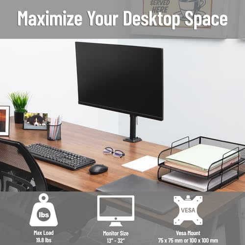 Mind Reader Single Monitor Desk Mount for 13"-32" Screens, VESA 75x75/100x100, 180° Rotation, ±90° Swivel, ±45° Tilt, 17.6 lb Load Capacity, Cable Management, Quick Release, Black