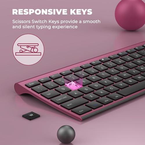Vssoplor Wireless Keyboard and Mouse, Rechargeable Ultra Slim, Wine Red