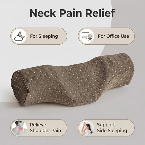 Cervical Neck Pillow for Pain Relief Sleeping, Neck roll Pillow Memory Foam for Stiff Neck Pain Relief ，Travel Bolster Pillow for Bed for Side Sleepers Back Sleeper. (Brown)