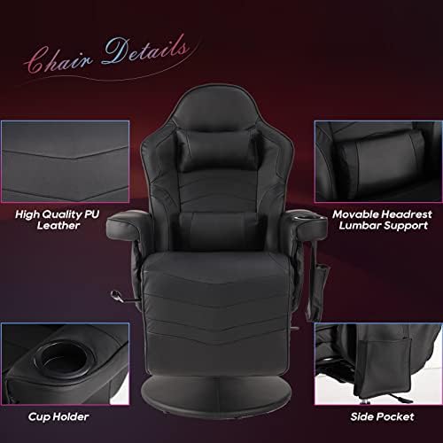 Gaming Chairs for Adults, Reclining Gaming Chair with Footrest, Massage Video Gaming Recliner Chair w/Adjustable Height, Swivel Game Chair with Lumbar Support, Side Pouch