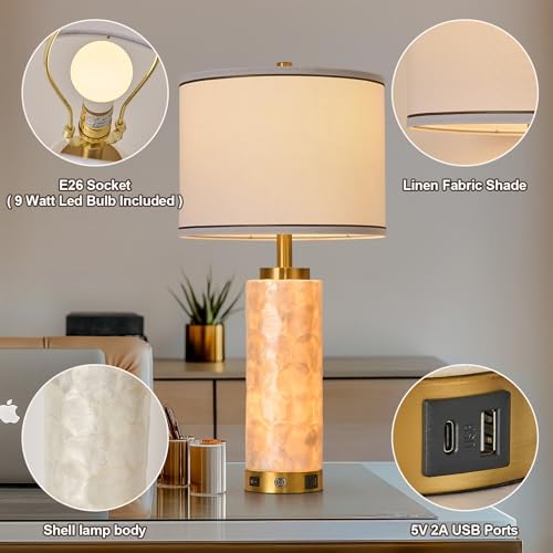 AIDENOEY 26" Modern Art Glass Table & Bedside Lamp, Stepless Dimmable Base + Dimmable 3-Color Light, USB A/C Charging Ports, Touch Control & Switch for Bedroom, Living Room, Office, Study