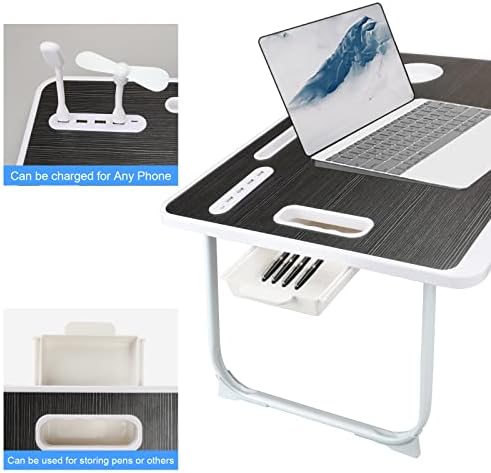 Laptop Bed Table, Laptop Desk for Bed, Foldable Laptop Bed Desk with USB Charge Port, Handle, Desktop Card Slot, Cup Slot, Side Drawer, Portable Laptop Table for Bed Eating Reading Working