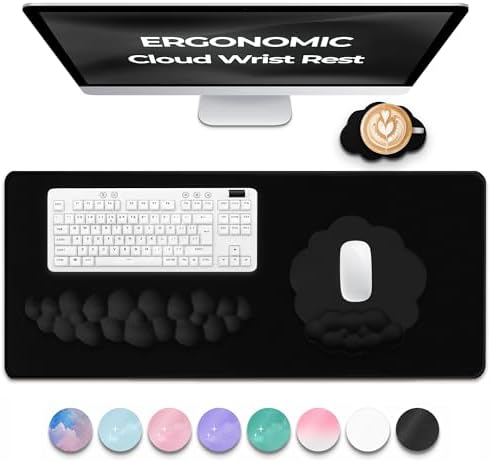 Premium Quality Cloud Wrist Rest Keyboard & Mouse Pad Set – Ergonomic Memory Foam Desk Accessories with Wrist Support for Office & Gaming – Black Fabric