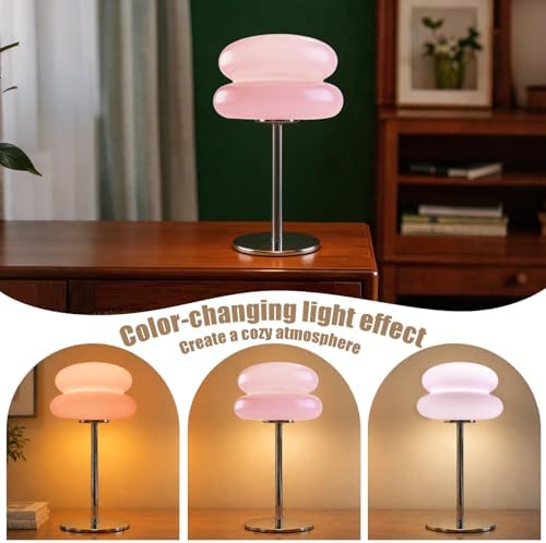 Bedroom Mushroom lamp, Medieval Modern Bedside Table lamp, dimmable Retro Egg Tart Headlight, Unique Home Mushroom Decoration Aesthetic Lovely Living Room Desk lamp (Pink)