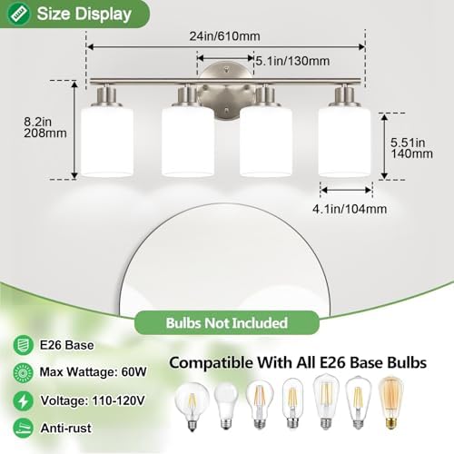 Zarbitta 4-Light Bathroom Light Fixtures, Brushed Nickel Modern Vanity Lights with Milky White Frosted Glass Shades, Bathroom Wall Lamp for Mirror Kitchen Living Room