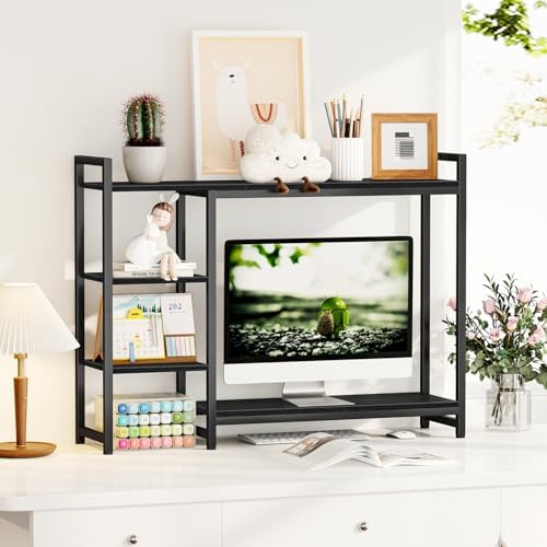 Snughome Adjustable Desk Shelf with Monitor Stand, 38.6" Desktop Organizer Hutch, Height Adjustable Computer Monitor Riser & 4 Tier Storage Bookshelf for Home Office Dorm, Black