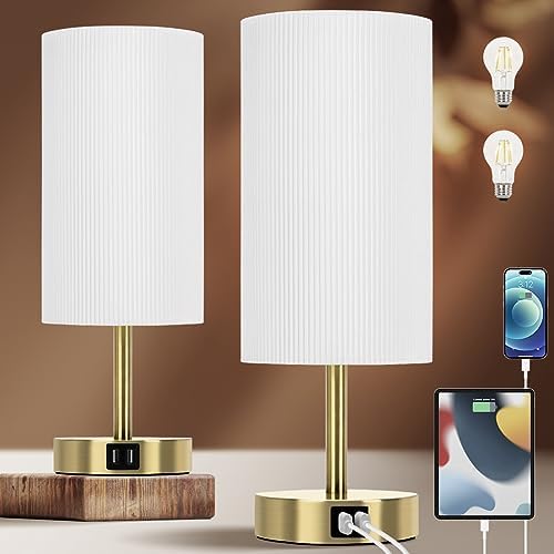 Yarra-Decor Bedside Lamp with USB A+C Charging Ports Set of Two - Touch Control Table for Bedroom Wood 3 Way Dimmable Nightstand Round Pleated Shade Home Office (LED Bulb Included)