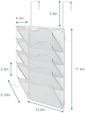 BOHDK Wall File Organizer, Hanging File Folder Organizer, Vertical Mesh Metal Door/Wall Mount Hanging File Holder. Paper Document Magazine Rack with Hooks for Home Office Black (5 Pockets White)