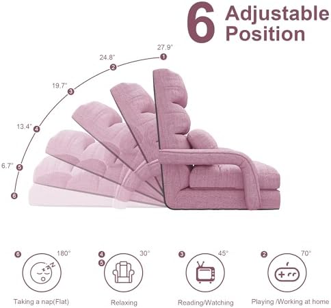 Adjustable Floor Gaming Chair for Adults, 6-Position Chaise Lounge Chair with Meditation Arm, Foldable Lazy Sofa with Pillow, Comfy Chair Indoor for Bedroom Dorm Living Room, Purple