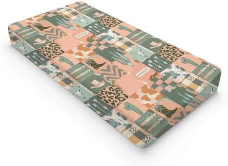 Western Cactus Cow Skulls Hats Patchwork Baby Changing Pad Cover, Unisex Western Nursery Diaper Changing Table Pad Mat Sheet for Boys Girls-16x32