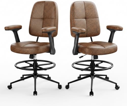 Marsail Drafting Chair with Flip-Up Armrests and Footrest, Ergonomic Tall Office Chair, Height Adjustable High Chair, Brown Leather Seat with Thick Cushion, 360° Swivel, Pack of 2