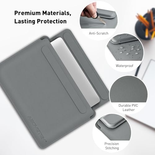 AboveTEK Laptop Sleeve Case for 13-14 inch MacBook Air/Pro, Slim Laptop Case with Stand, Ergonomic Wrist Rest & Mouse Pad, Waterproof Anti-Scratch Leather Bag for 13-14 Surface HP, Grey