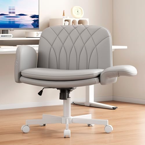 Misolant Criss Cross Chair with Armrests & Wheels for Cross-Legged Sitting, Comfortable PU Leather Vanity Chair, Office Desk Chairs with Adjustable Rocking Function, for Home, Bedroom Gray