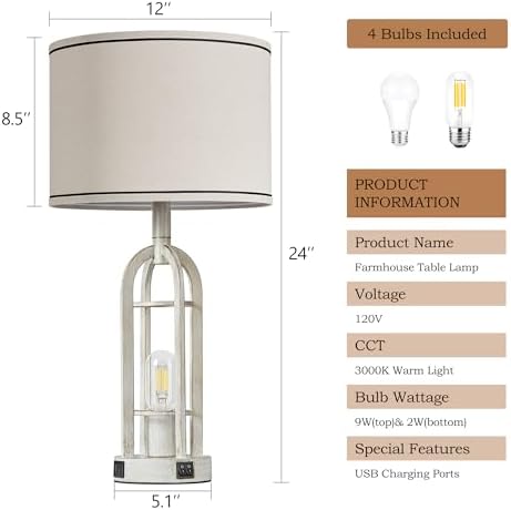 SRJJA 24" Farmhouse Table Lamps for Living Room Bedroom Set of 2, USB A+C