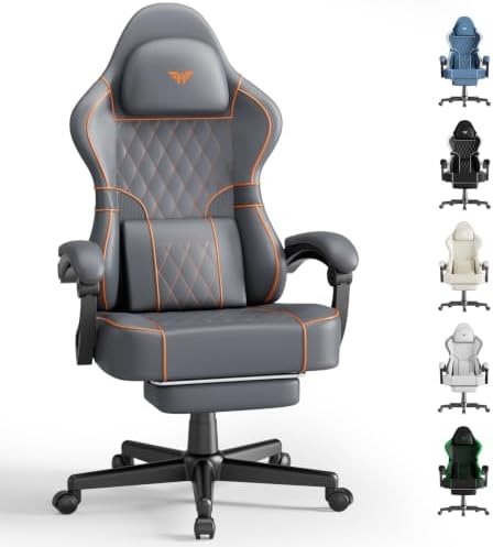 Soontrans PU Leather Gaming Chair with Massage Lumbar Cushion & Footrest