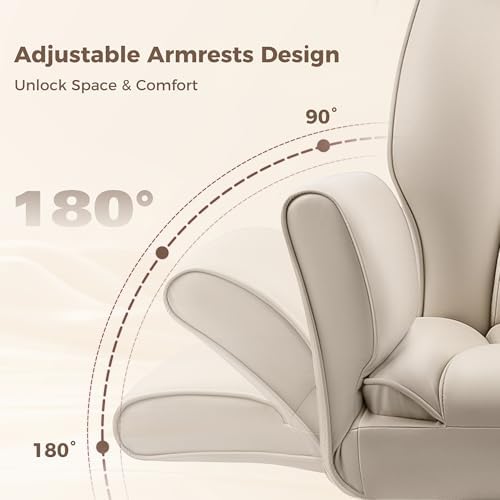 Big and Tall Office Chair, Flip Armrests for Pets & Cross Legged Sitting, Ergonomic Leather Executive Desk Chair with Foot Rest, High-Back Reclining Computer Chairs for Home Office Gaming, Beige
