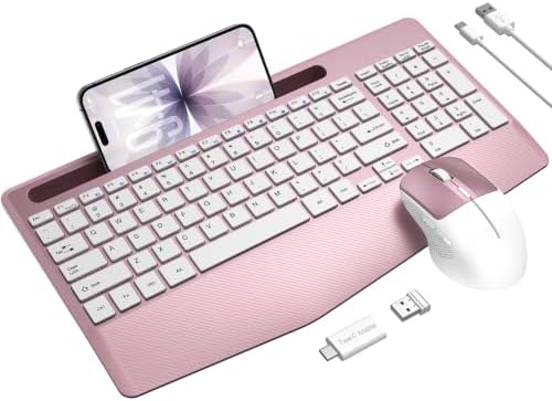 Rechargeable Silent Wireless Keyboard and Mouse Combo, Ergonomic Wrist Rest & Phone Tablet Holder, USB-C Adapter Included, 2.4G Lag-Free Cordless Set for Windows Mac Laptop PC Home Office (Rose Gold)