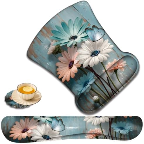 Ergonomic Keyboard Wrist Rest & Mouse Wrist Support Set with Lace Coaster, Gel Memory Foam Anti-Slip Base, Pain Relief for Typing, Floral Butterfly