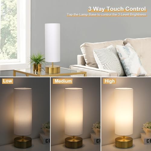 3-Way Dimmable Table Lamp, Touch Control Gold Bedside Lamp with White Shade