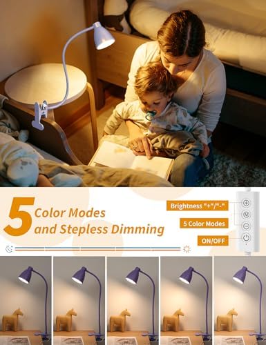 BOHON Desk Lamp with Clamp Clip on Light 5 Color 10 Brightness Lilac Purple
