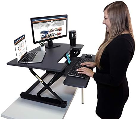 Victor High Rise 31-Inch Desk Converter, Height Adjustable Sit to Stand Riser, Dual Monitor and Laptop Workstation with Keyboard Tray, Gray