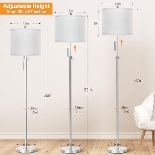Qingmiao Brushed Nickel Floor Lamp for Living Room, Adjustable Height Standing Lamp, Tall Pole Light with Grey Shade for Bedroom, 8W 4000K 3-Way LED Bulb Included (Brushed Nickel, Grey Shade)