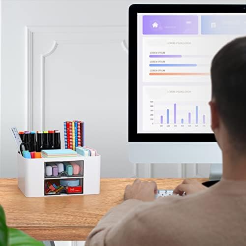 Desk Organizer with 2 Drawer, Plastic Desktop Pen Pencil Card Holder Storage Box for Desk, Office Supplies, Vanity Table Office School Home (White)