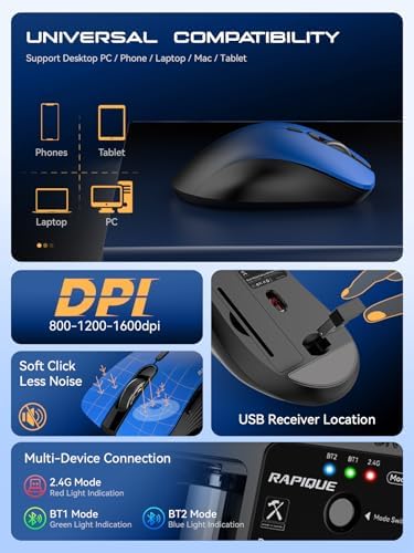 RAPIQUE Bluetooth Wireless Mouse - Dual Bluetooth & 2.4 GHz,Gradient Blue
