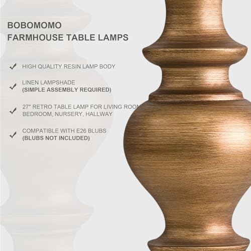 BOBOMOMO 27" Antique Gold Table Lamps Set of 2, Elegant Large Resin Lamps with Linen Shades, Gold Traditional Lamps for Bedroom, Living Room, or Console Table, Classic Vintage Décor