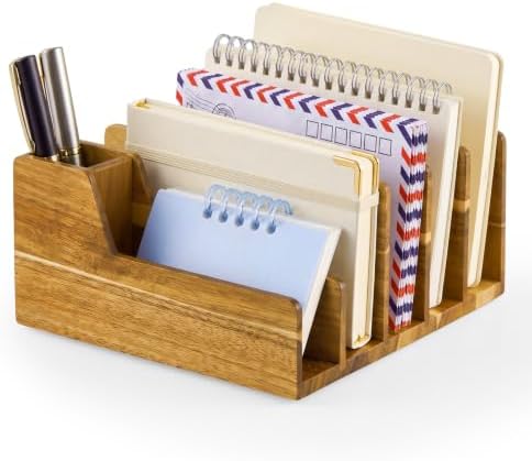 Novabright Acacia Wood Desk Organizer with Pen Holder, 6 Slot Mail Sorter