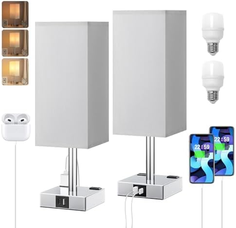 Set of 2 Grey Touch Table Lamp for Bedroom, Dimmable, USB C+A, 2 AC Outlets