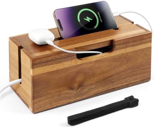 Acacia Cable Management Box, Cord Hider Organizer with Phone Stand, 12" L Cord Box for Power Strip, TV Wires & Desk Cable Storage, Office Under Desk Cable Storage Box for Wire