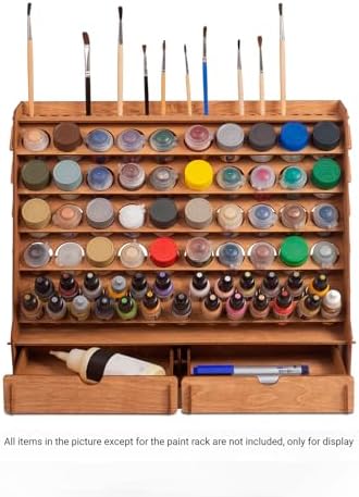 Wall Paint Holder - Works for Warhammer 40K, DnD, Other Figurines - 65 Holes for Vallejo, Citadel, Tamiya, 30 Brush Holes, 2 Drawers, a Shelf, a Brush Tray - Plywood Rack for Wall and Desk