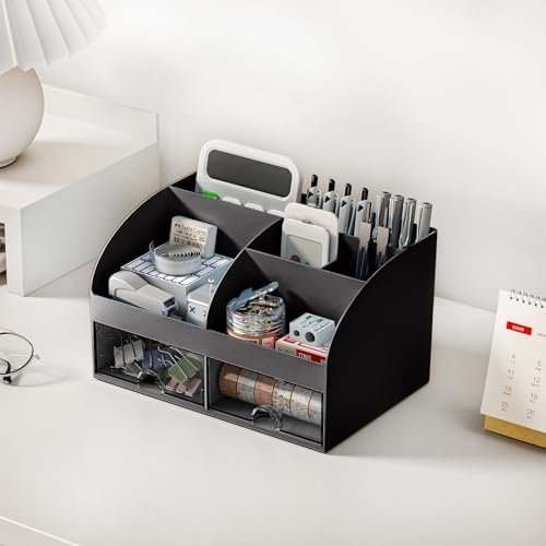 COMFYROOM Desk Organizer with 6 Compartments and 2 Drawers, Plastic Makeup Organizer, Pen Holder for Desktop Storage, Desk Organization for School, Home, Office Supplies Black-2Pack