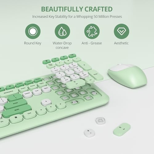 surmen Green Keyboard and Mouse Wireless, Cute Wireless Typewriter Keyboard, Full Size Slim Silent Round Keys Aesthetic for Home and Office(Colorful Green)