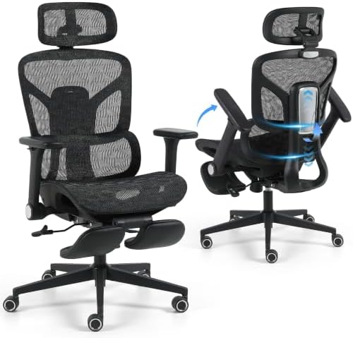 Korser Ergonomic Mesh Office Chair with Footrest, Big and Tall Desk Chair with 4D Flip-Up Arms, Auto-Tracking Lumbar Support, 3D Headrest, High Back Computer Gaming Chair for Home Office, Black