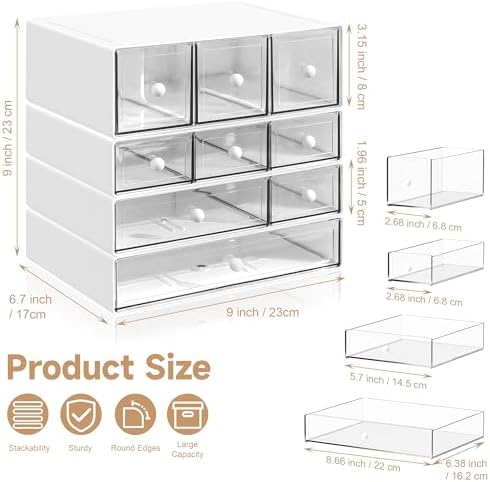 Desk Organizer with 9 Drawers, 4 Tiers Stackable Storage Drawers, Desktop Storage Box with Clear Drawers for Stationery, Makeup, Jewelry, Office and Craft Supplies (White)