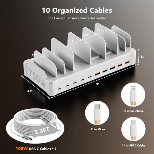 750W Charging Station for Multiple Devices, Zobirez 10-Port Fast Charger, 5 USB-C 120W Each and 5 USB-A 30W Each, Desktop Charging Hub for Laptop Phone Tablet, White