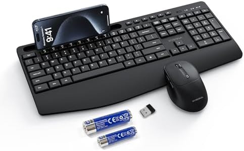 KYSONA Wireless Keyboard and Mouse Combo, Full Sized Cordless Keyboard with Wrist Rest, Phone Holder, 2.4G 3 DPI Adjustable Optical Mice Keyboard for Computer/Laptop/PC/MAC/Windows, Black