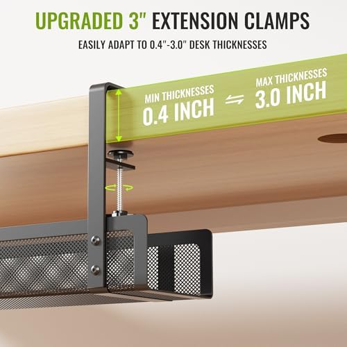 [Upgraded] 2 Pack Cable Management Under Desk Tray, Xpatee 27.6" No Drill Open Slots Cable Management Tray, Cord Wire Organizer Box with Clamp for Table Thickness up to 3" - No Desk Damage(Black)